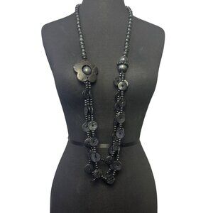 Beaded Black Floral Pendant Necklace 42 Inches With Matching Drop Earrings